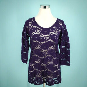 Ruby Ribbon Size Small S Purple Floral Lace Crew Scoop Neck 3/4 Sleeve Cotton Ny